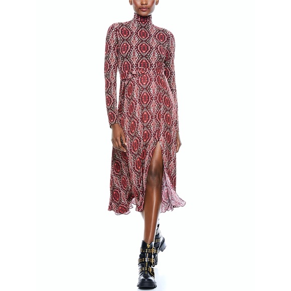 Alice + Olivia Clare Turtleneck Long Sleeve Midi Boho Burgundy Red Dress - Picture 4 of 16